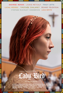 Movie poster for Lady Bird. A young woman with chin-length red hair and a beaded headband is seen in profile, facing right. Behind her, a crucifix hangs on a wall above a blurred crowd. A stained-glass border frames the image. The title appears in white script above the tagline “Fly away home.”