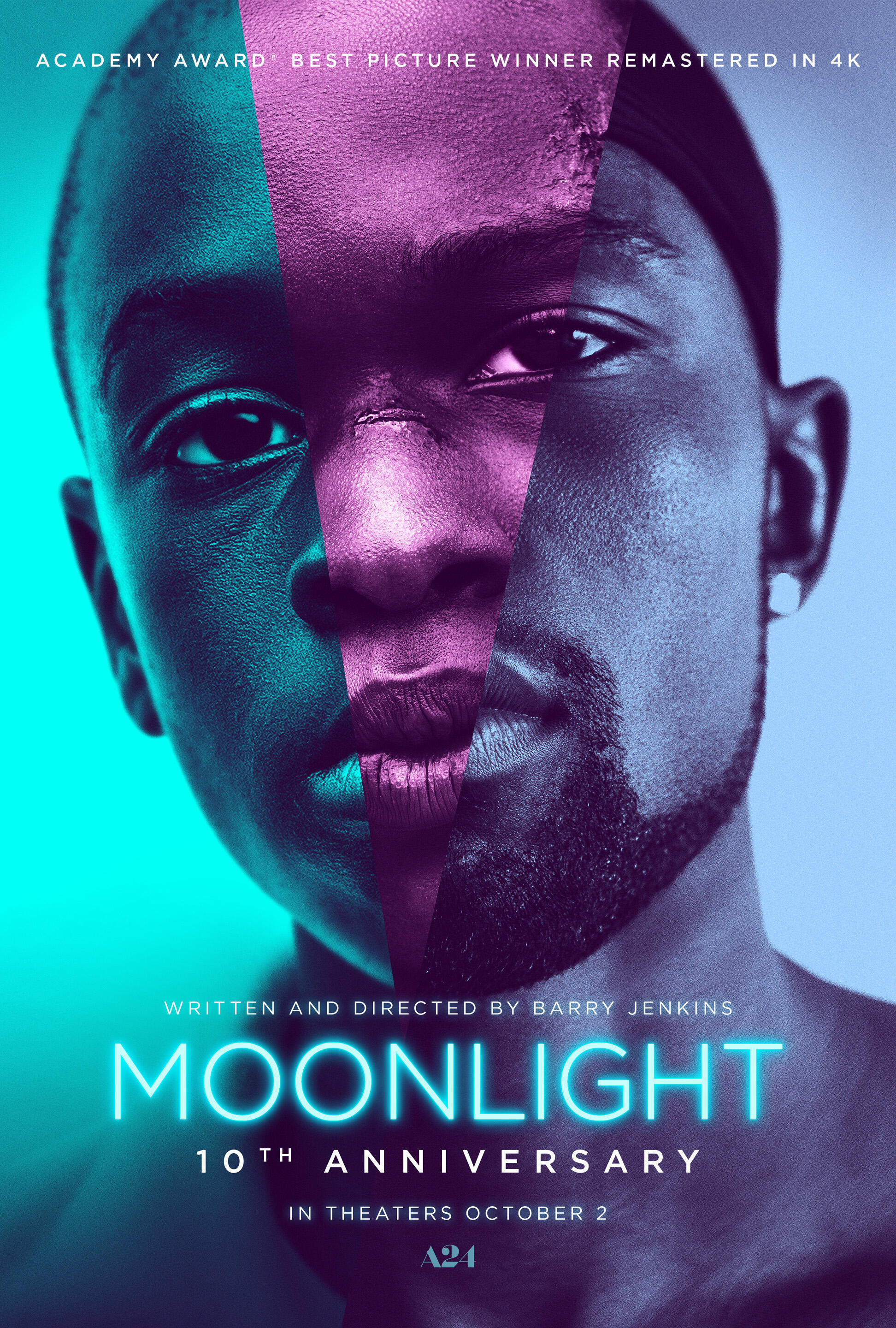 Movie poster for Moonlight. A single face is composed from three vertical slices of three different Black faces, lit teal, magenta, and blue from left to right. Below the title, "10th Anniversary" appears in white capitals. In theaters October 2.