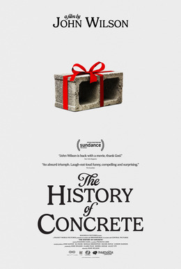 Movie poster for The History of Concrete. A gray cinder block wrapped in a red ribbon and tied with a bow sits centered on a plain off-white background. The title appears below it in large black serif capitals.