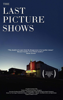 Movie poster for The Last Picture Shows. A single-story cinema with a lit red marquee sits at the edge of an empty parking lot at dusk, under a wide deep blue sky that fills most of the frame. The title appears at the top in white capitals.