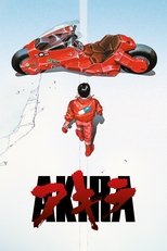 Movie poster for Akira. A figure in a red jacket stands with their back to the camera, looking toward a red motorcycle parked on a dark road ahead. The title appears at the bottom in large red block letters, with Japanese characters overlaid across it in black.