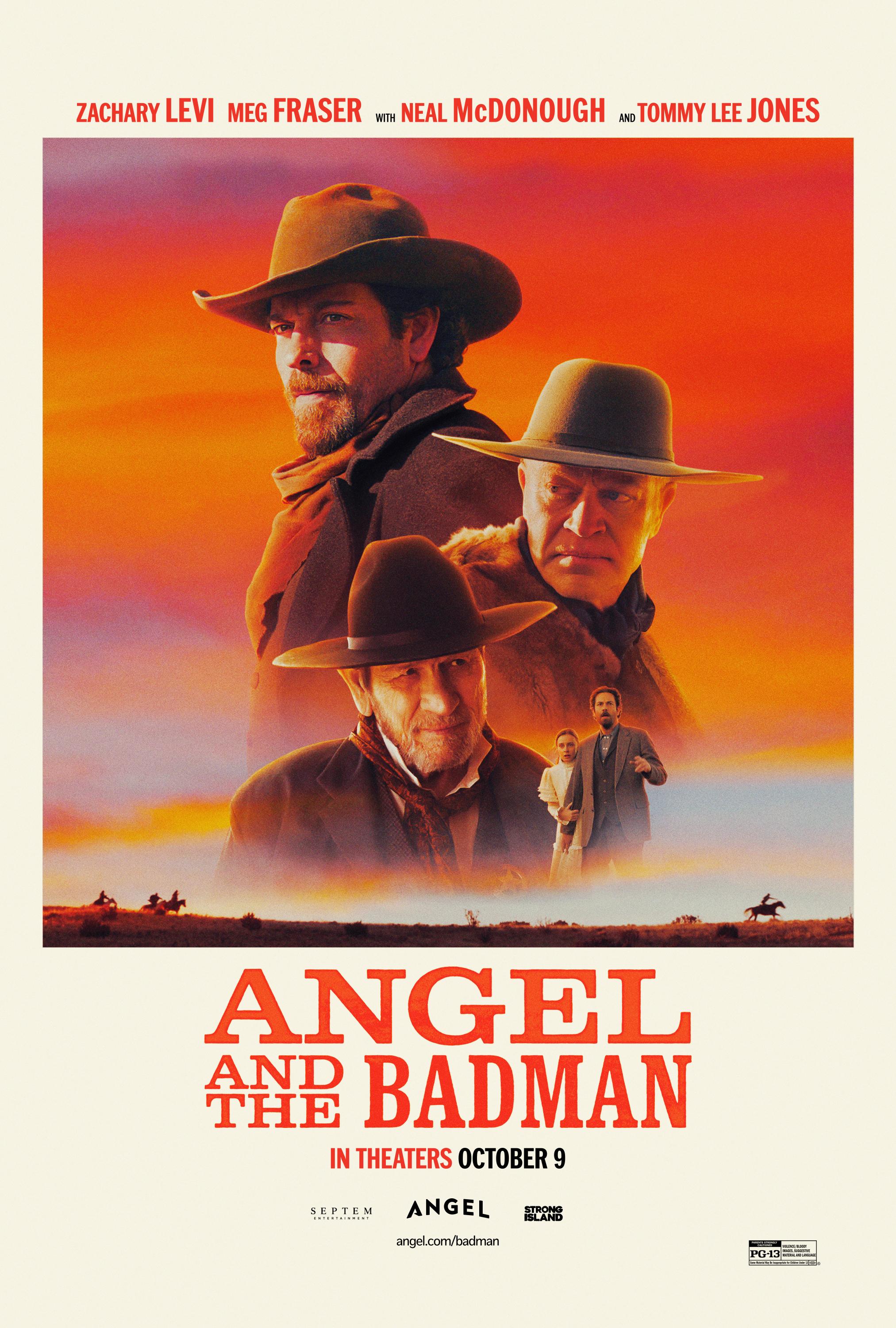 Movie poster for Angel and the Badman. Three men in wide-brimmed hats are stacked in a montage against a burning orange sunset sky, two bearded and one clean-shaven, all looking off camera. A smaller pair, a woman in pale clothing and a man in a vest, stands at the lower right. Riders on horseback cross the dark plain below. The title appears beneath in red western lettering. In theaters October 9.