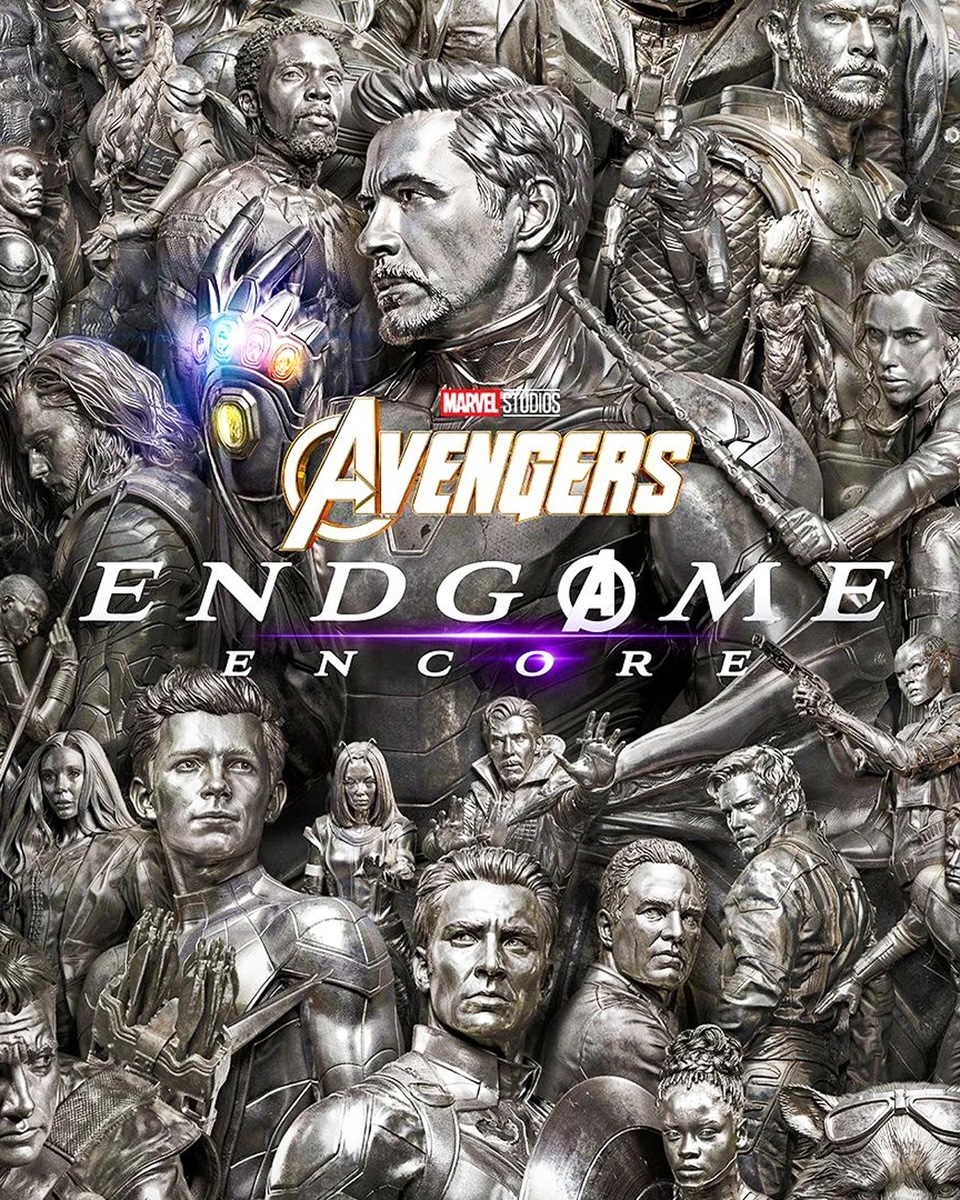Movie poster for Avengers: Endgame Encore. A dense collage of about twenty-five costumed figures rendered as polished silver statues, packed edge to edge with no background visible. A gauntlet at the upper left is the only color, set with six glowing stones. The title appears across the center in white and gold.