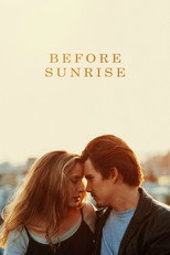 Movie poster for Before Sunrise. A young man and woman stand close together with their foreheads nearly touching, both smiling with eyes closed, against a soft blue sky at dusk. The title appears in gold serif capitals at the top.