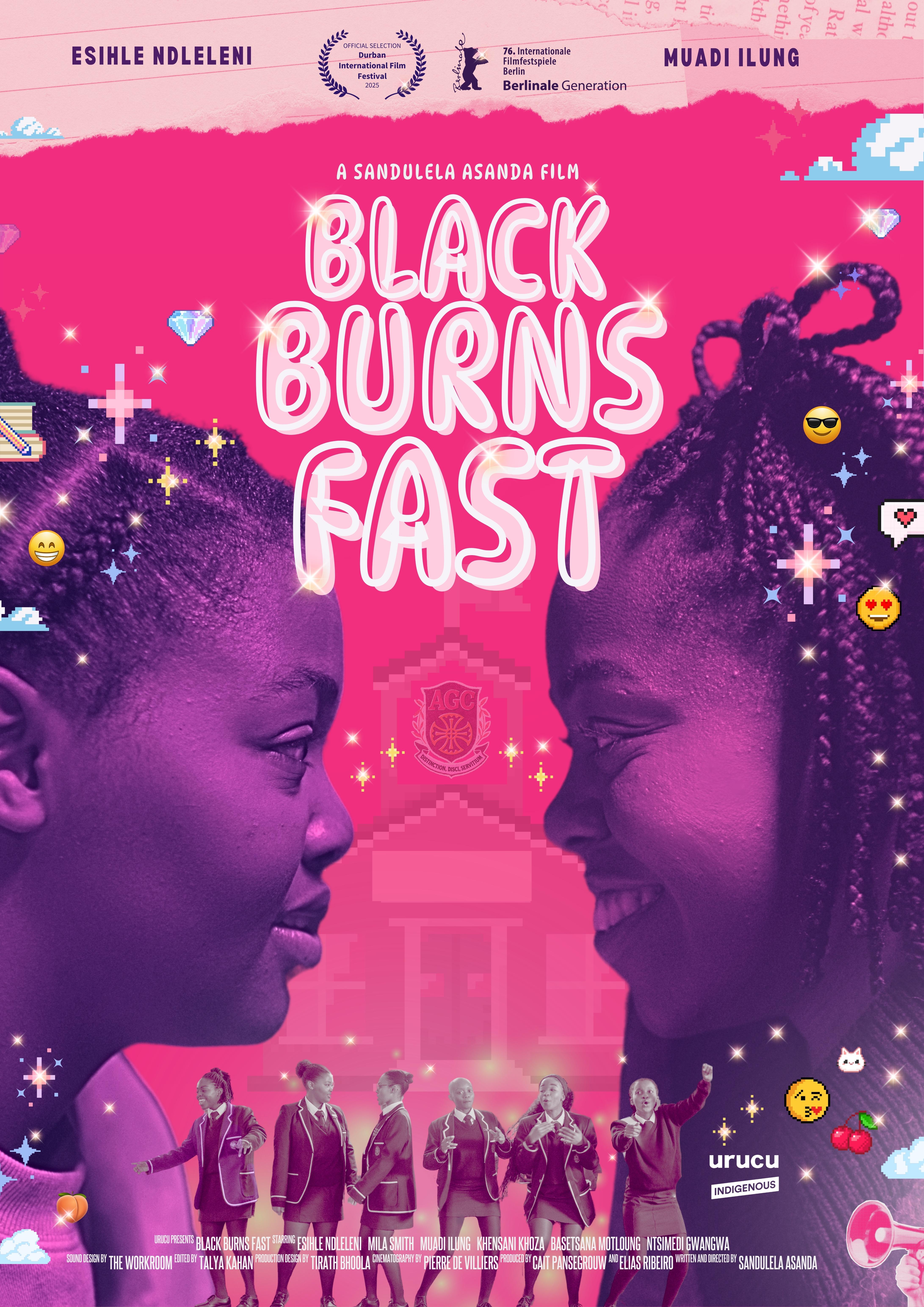 Movie poster for Black Burns Fast. Two Black girls tinted purple face each other in profile, one smiling under long braids. Behind them, a pixel-art schoolhouse sits on a hot pink background scattered with sparkles and emoji. Below, six girls in school blazers dance. The title appears in bubbly white letters.