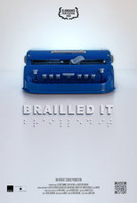 Movie poster for Brailled It. A blue Perkins Brailler, a mechanical braille typewriter, sits centered against a plain light background. The title appears below it in gray capitals, with a row of raised braille dots printed underneath.