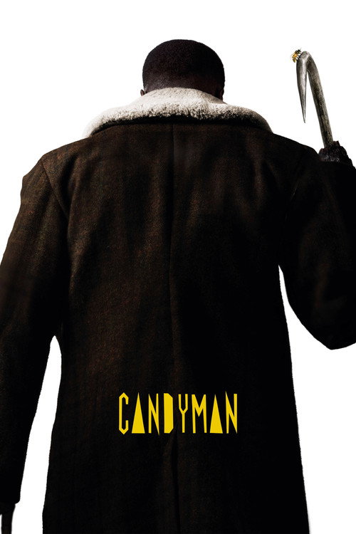 Movie poster for Candyman. A figure seen from behind in a long dark coat with a pale fur collar stands against a white background, one arm raised high holding a curved metal hook. The title appears in small yellow letters across the back of the coat.