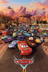 Animated movie poster for Cars. A crowd of cartoon cars with eyes on their windshields fills a desert highway, led by a red race car at the front. Red rock buttes and a wide sky rise behind them. The title appears at the bottom in red letters on a chrome badge.