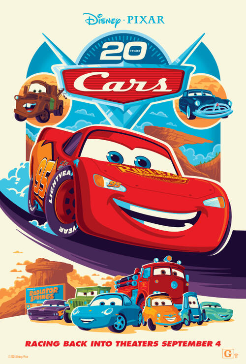 Movie poster for Cars. Illustration of a red race car with eyes in its windshield and a wide grin, driving along a curved road through red desert rock formations. A rusted tow truck and a blue sedan appear in circles above, and about seven more cars gather below. Racing back into theaters September 4.
