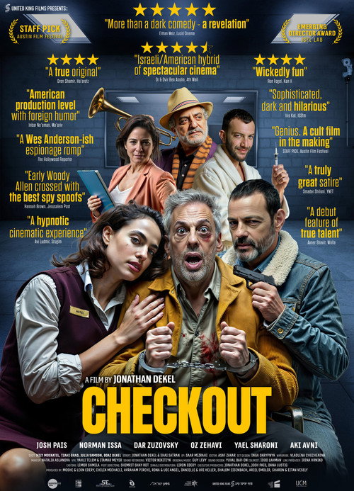 Movie poster for Checkout. A group of about six people is arranged in a stack, with a woman in a dark top and two men in shirtsleeves at the front, all looking toward the camera. The background is a warm interior. The title appears at the bottom in large white capitals.