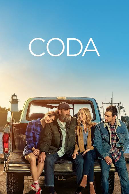 Movie poster for CODA. Four people sit on the open tailgate of a pickup truck at golden hour, two women and two men in flannel and denim, turned toward each other mid-conversation. A lighthouse and a fishing boat sit behind them against a clear blue sky. The title appears at the top in thin white capitals.