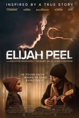 Movie poster for Elijah Peel. A young boy holds a guitar and looks upward in a dark room, with a glowing lightbulb above him trailing a stream of light. The title appears in white capitals across the middle, above the tagline "He found faith where he least expected."