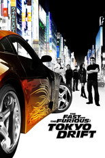 Movie poster for The Fast and the Furious: Tokyo Drift. An orange sports car with flame graphics along its side sits angled toward the camera on a neon lit city street at night. Four figures stand behind it beside a second car. The title appears in white and orange capitals at the bottom right.