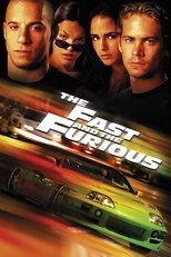 Movie poster for The Fast and the Furious. Four faces are stacked across the top of the poster looking toward the camera, two men and two women. Below them, two brightly colored sports cars race side by side in motion blur. The title appears in yellow and white capitals across the middle.