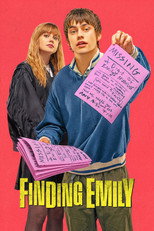 Movie poster for Finding Emily. A young man in a blue sweater holds up a pink missing person flyer, with a woman standing behind him looking off to the side. A stack of the same pink flyers spills across the lower left. The title appears in white capitals at the bottom.