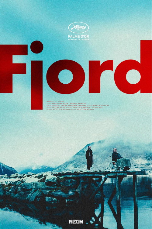 Movie poster for Fjord. Two small figures stand on a wooden jetty at the edge of still water, with snow-covered mountains rising behind them under a pale sky. The title appears across the upper half in large red capitals.