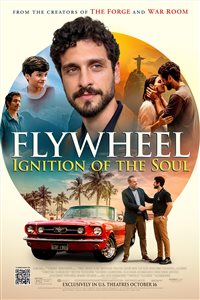 Movie poster for Flywheel: Ignition of the Soul. A circular collage centers on a dark-haired bearded man. Around him are a boy, a couple embracing beneath a hilltop statue with outstretched arms, and two men shaking hands beside a red vintage convertible under palm trees.