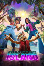 Movie poster for Forgotten Island. Animated illustration of three characters standing together in dense green jungle: a large brown dog-like creature in front with its arms spread wide, and two young people behind it in colorful clothing. A stone structure rises behind them. The title appears at the bottom in yellow block capitals.