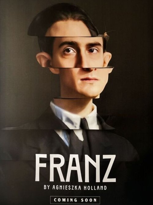 Movie poster for Franz. A man in a dark suit and high white collar faces the camera against a black background, his portrait sliced into horizontal bands that slip out of alignment across his eyes. The title appears at the bottom in white capitals.