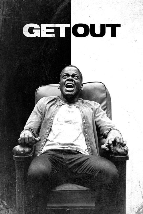 Movie poster for Get Out. In black and white, a young Black man sits rigid in a leather armchair, gripping the armrests, head tilted back and mouth open in a scream. The background is split down the middle, black on the left and white on the right, with the title in bold letters across both halves.