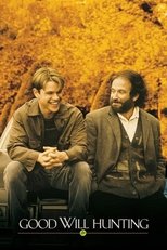 Movie poster for Good Will Hunting. Two men sit side by side on a park bench, a younger man in a light jacket and an older bearded man in a dark coat, with autumn trees behind them. The title appears in white capitals on a black band at the bottom.