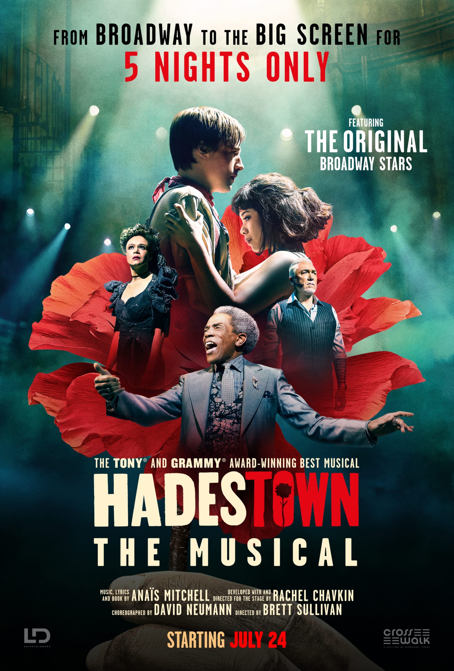Poster for *Hadestown: The Musical*. Five performers emerge from a giant red poppy against smoky teal stage lighting; a silver-haired man in a pale suit sings with arms outstretched in the front. Text reads "From Broadway to the big screen for 5 nights only" and "Starting July 24."