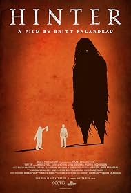 Movie poster for Hinter. Two small figures in pale clothing stand on an empty red plain, one with an arm raised, facing a tall ragged black shape that towers over them against a deep red sky. The title appears across the top in white capitals.
