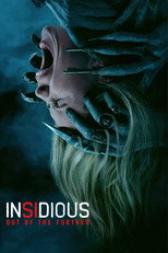 Movie poster for Insidious: Out of the Shadows. A woman's face lies sideways against a dark teal background, her blonde hair spread around her, with a pale gaunt face emerging from the shadows beside her. The title appears in white capitals at the bottom with a red S.