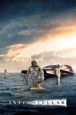 Movie poster for Interstellar. A figure in a white spacesuit stands in shallow water on a vast empty plain, facing a dark angular spacecraft resting nearby. A pale sky and distant shapes fill the horizon behind them. The title appears in white capitals across the lower third.