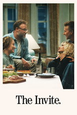 Movie poster for The Invite. Four adults sit around a dinner table in a warmly lit living room, two of them shaking hands across the food. The title appears in dark serif letters on a cream band at the bottom.