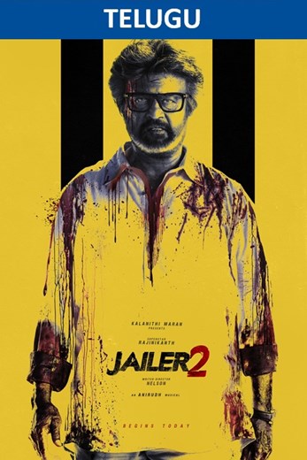 Movie poster for Jailer 2. A gray-haired, gray-bearded man in dark-rimmed glasses stares at the camera, his white shirt splattered and streaked with blood. He stands against a yellow background with two black vertical stripes. The title appears in bold block letters with a red 2.