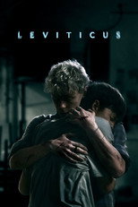 Movie poster for Leviticus. Two young men hold each other tightly in a dim room, one with pale curly hair pressing his face against the other's shoulder. Cuts and dried blood are visible on their arms and hands. The title appears in white capitals at the top. Only in theaters June 19.