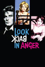 Movie poster for Look Back in Anger. Three portraits are set in separate panels, a man on the left, a blonde woman at the top right, and a dark haired woman below her. The title appears in black capitals on a white block across the center.