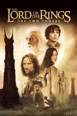 Movie poster for The Lord of the Rings: The Two Towers. A collage of about eight faces arranged around a central figure holding a sword, lit in warm gold. A dark tower rises at the left against a stormy sky, with a small group of riders below it. The title appears at the top in white and gold.