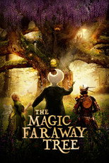 Movie poster for The Magic Faraway Tree. Two small figures stand at the base of a huge gnarled tree in a dim forest, one in a wide brimmed hat, looking up at a pale moon caught in the branches. Warm lights glow among the roots and trunk. The title appears in white capitals at the bottom.