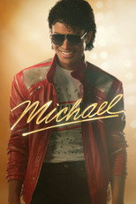 Movie poster for Michael. A man styled as Michael Jackson stands against a warm gold background in a red leather jacket, sunglasses, and a white shirt. The title appears across the center in yellow script.