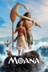 Movie poster for Moana. A young woman holding an oar and a large tattooed man holding a hook stand together on a rock above breaking waves, with a rooster and a small pig beside them. The title appears in white letters at the bottom.