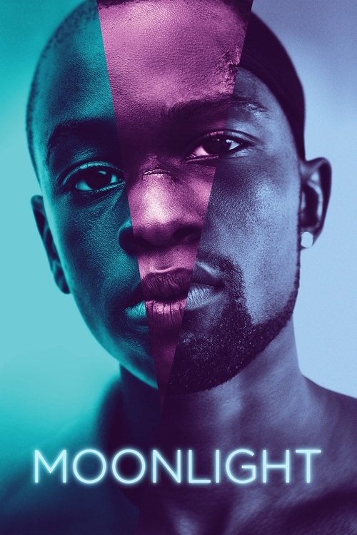 Movie poster for Moonlight. A single face is composed from three vertical slices of three different Black faces, joined into one portrait that looks straight at the camera. The left slice is lit teal, the center magenta, the right blue. The title appears at the bottom in white capitals.