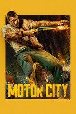 Movie poster for Motor City. Illustration of a man leaning out of a moving car firing a shotgun, his arm braced against the door as the muscle car speeds through a rainy night. The title appears in yellow block letters at the bottom.