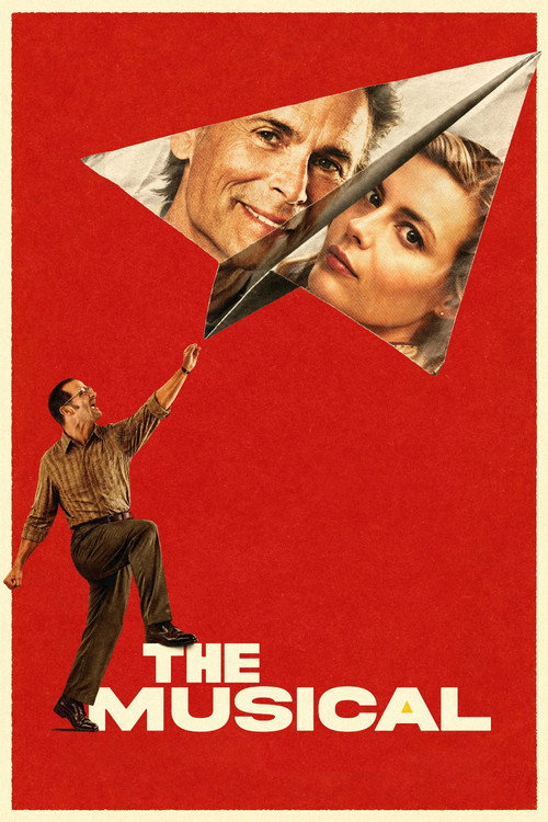 Movie poster for The Musical. A man in dark clothes stands at the lower left, arm raised, holding the string of a large paper airplane above him. The plane is printed with a man's face and a woman's face, both smiling. The background is flat red. The title appears at the bottom in yellow capitals.
