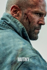 Movie poster for Mutiny. A bald man with a beard stands in profile in a worn denim jacket, his face bloodied and lit from the side against a dark background. The title appears in small white capitals at the bottom.