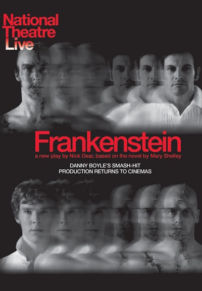 Poster for National Theatre Live: Frankenstein. Two rows of repeated black and white portraits, each a man's face fading into the next across the frame. The faces in both rows carry scarring across the cheek and neck. The background is dark red. The title appears across the center in red with a line beneath noting it is a new play by Nick Dear based on the novel by Mary Shelley.