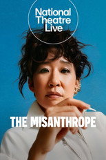 Movie poster for National Theatre Live: The Misanthrope. A woman with dark hair pinned up loosely looks toward the camera against a plain pale pink background, her expression neutral. The National Theatre Live logo appears at the top left in a white box. The title appears at the bottom in white capitals inside a dark blue band.