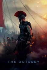 Movie poster for The Odyssey. A bearded warrior in dark armor and a red crested helmet stands with his head lowered, embers drifting around him. Ranks of soldiers and a ship with a red sail are visible through the smoke behind him. The title appears in pale gray capitals at the bottom.