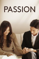 Movie poster for Passion. A woman in a cream sweater sits beside a man in a dark suit, both seated low at a table with a white cloth. She looks toward him; he looks down at his hands. The title appears at the top in large black capitals on a white band.