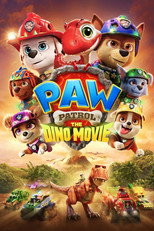 Animated movie poster for PAW Patrol: The Dino Movie. Six cartoon puppies in colored helmets and rescue gear are arranged around the title, with dinosaurs and rescue vehicles below them in a jungle setting. The title appears in red and yellow block letters across the center.