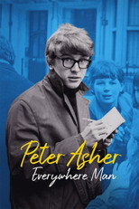 Movie poster for Peter Asher: Everywhere Man. A black and white photograph of a young man in dark rimmed glasses looking down at a small card he holds, with another young man behind him on a street. The title appears in yellow script over a blue band at the bottom.