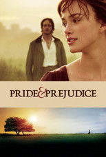 Movie poster for Pride & Prejudice. A young woman in profile looks off to the right in soft golden light, with a man standing blurred in the field behind her. Below them, a small figure walks toward a large tree in an open landscape at dawn. The title appears in white serif letters across the middle.