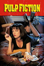 Movie poster for Pulp Fiction. A woman with a dark bob lies on her front on a bed, holding a cigarette and looking at the camera. A pistol, a paperback, and scattered cash sit on the sheets in front of her. The title appears at the top in yellow letters on a red band.