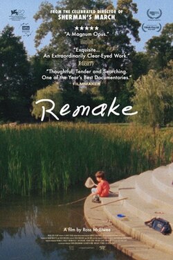 Movie poster for Remake. A small child in a red shirt crouches at the edge of a still green pond, reaching toward the water. Tall reeds and trees fill the background. The title appears in white script across the center.